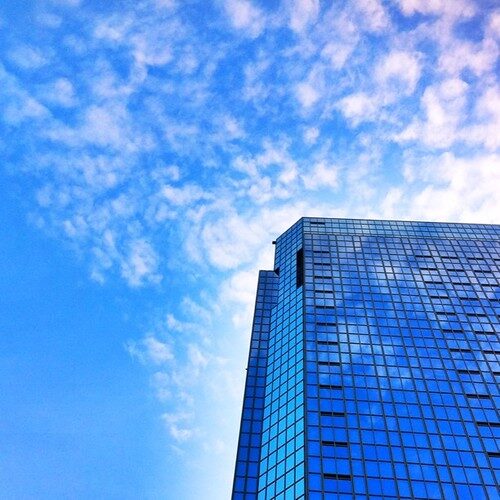 Office building - The view from the patio - blue and white abstract painting